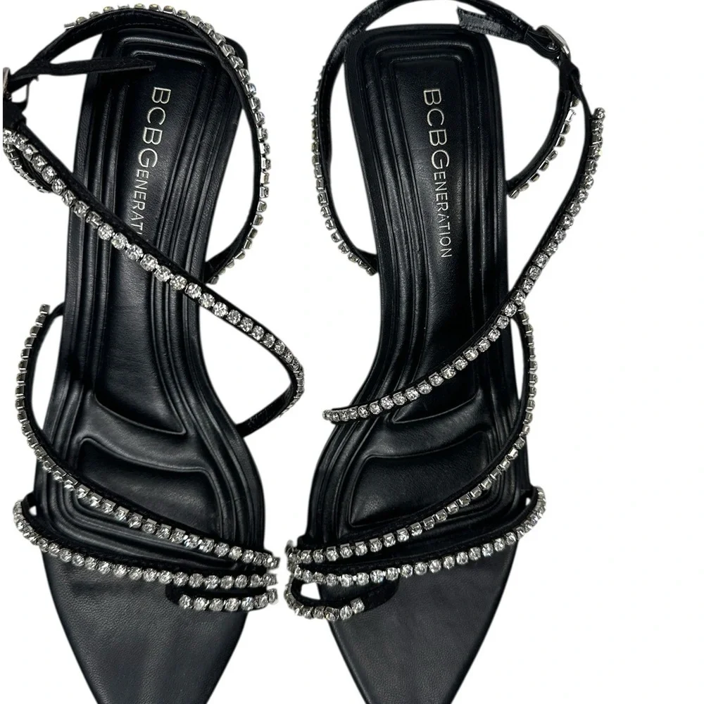 BCBGeneration Ilta Rhinestone Embellished Strap Black Heels Sandals. 7.5